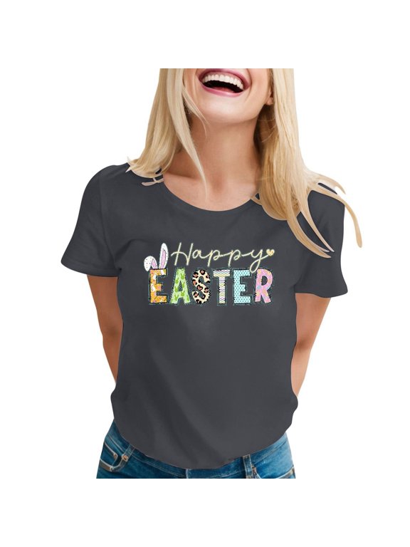 Happy Easter Short Sleeve T Shirts for Women Colorful Letter Printed Bunny T-Shirt Cute Rabbit Graphic Tees Easter Egg Holiday Tops 2026 Spring Clothes 1-Dark Gray S