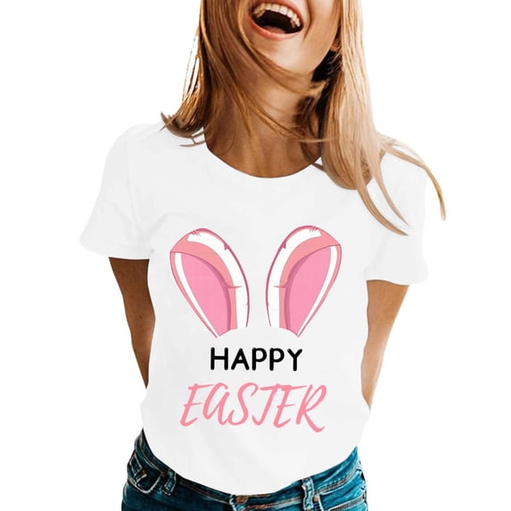 Alun Happy Easter T Shirts for Women Cute Bunny Ears Graphic Tees Casual Short Sleeve Crewneck Top for Easter's Day Outfit 2026 Spring Summer Workout T-Shirt White XL