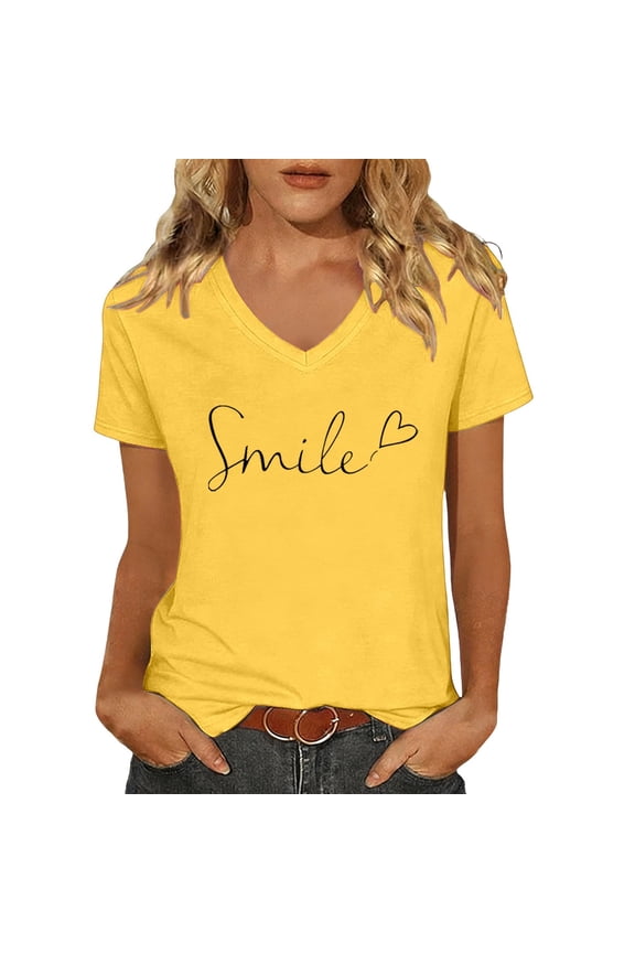 Keep Happy T Shirts for Women Fashion Casual Short Sleeve T-Shirt Graphic Print Crew Neck Tee Top for Daily Wear Comfortable Basic Blouse Yellow M