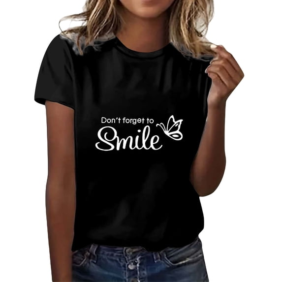Alun Keep Happy T-Shirts for Women Summer Trendy Crew Neck Short Sleeves Graphic Tee Casual Relaxed Fit Soft Comfortable Daily Tops Black S