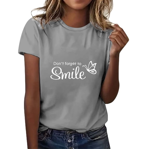 Alun Keep Happy T-Shirts for Women Summer Trendy Crew Neck Short Sleeves Graphic Tee Casual Relaxed Fit Soft Comfortable Daily Tops Grey L