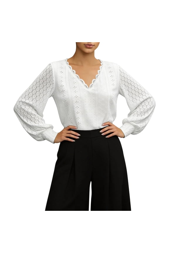 Long Sleeve Tops for Women Eyelet Scalloped Lace V-Neck Solid Color Blouse Casual Loose Soft Lightweight Business Casual Fashion Pullover Shirts Spring Clothes White M