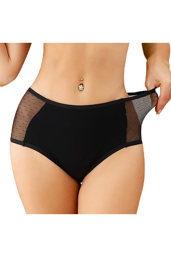 Mid-Waist Stretchy Period Panties for Women 4 Layer Leakproof Thin Breathable Daily Wear Fashion Sides Lace Splicing Design Comfortable Everyday Briefs Black M
