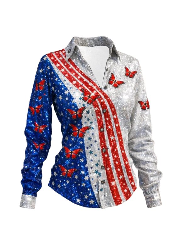 Patriotic Shirts for Women 4th of July Outfits Button down Long Sleeve Blouses with Shiny Sequin and Floral Printing Casual V-Neck Slim Fit Tops for Spring Summer 9-Red XL
