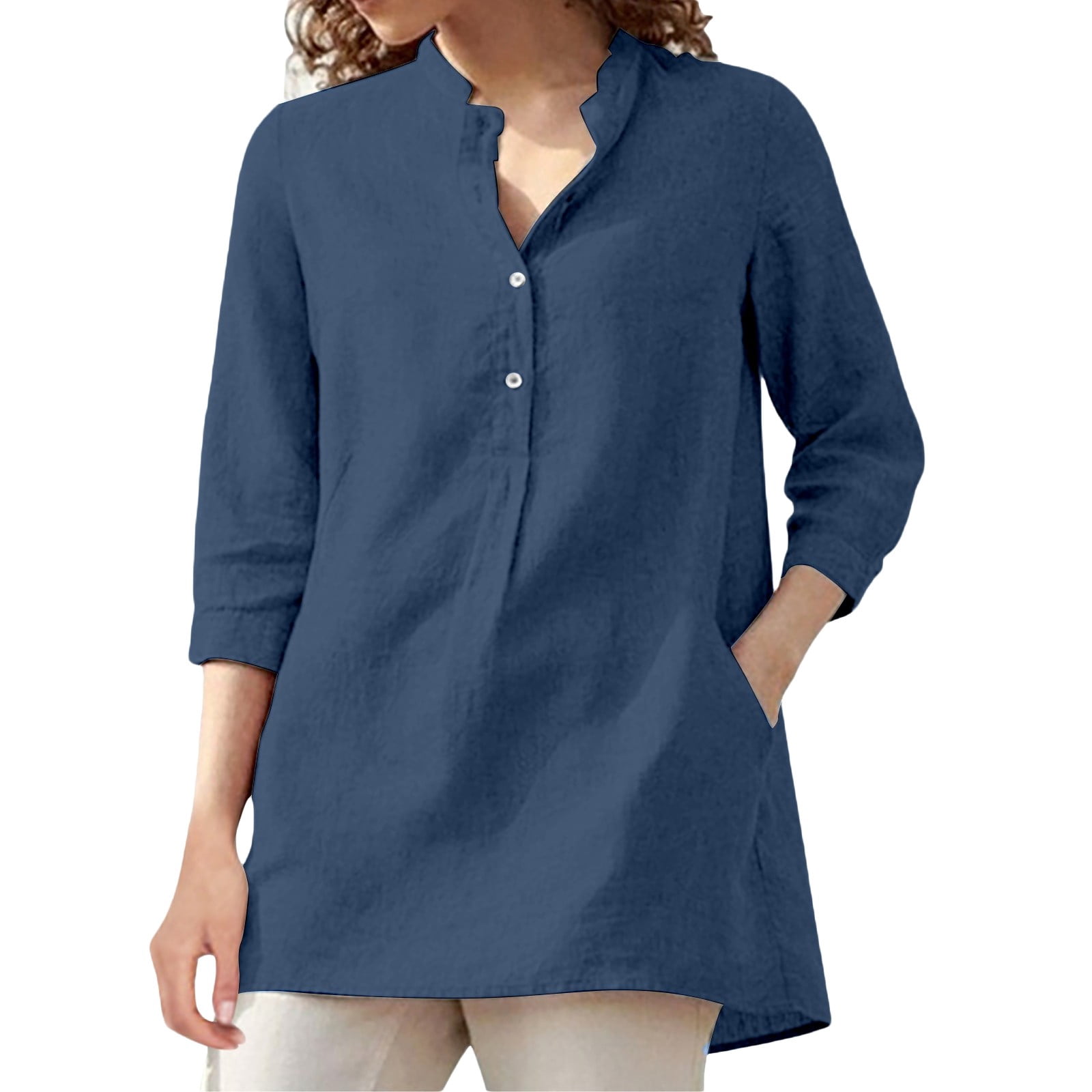 Alun Plus Size Linen Shirts for Women Button up V-Neck 3/4 Sleeve Top ...
