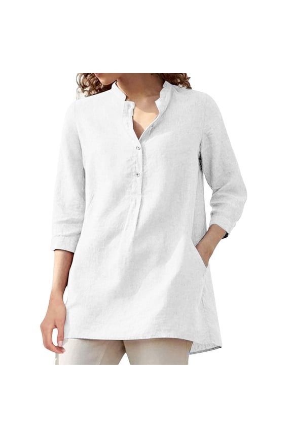 Plus Size Linen Shirts for Women Button up V-Neck 3/4 Sleeve Top 2026 Summer Trendy Dressy Blouses Casual Loose Comfy Thin Breathable Plain Color Tunic Clothes White XXL