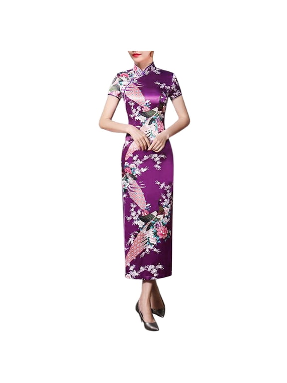 Slim Fit Cheongsam Dress Women Chinese National Style Floral Print Stand Collar Short Sleeves High Side Split Satin Maxi Dresses Lightweight Comfy Summer Outfit Purple M