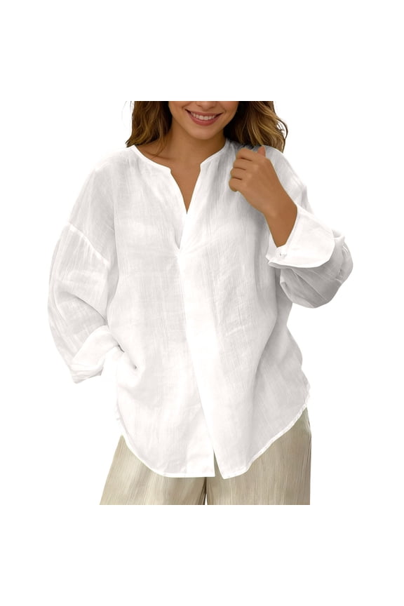 Summer Lightweight Linen Shirts for Women Long Sleeve Button down Shirt Solid Color Relaxed Fit Drop Sleeved Casual Tops Spring Summer Vacation Travel Blouses White S