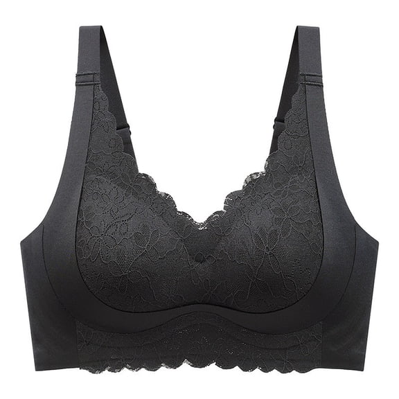 Alun Wireless Bras for Women Fixed Cup Supportive Floral Lace Trim V-Neck Bra Adjustable Straps Full Coverage Everyday Bralettes Suitable for Big Breasts Black M