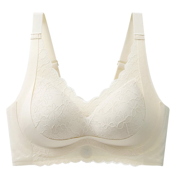 Alun Wireless Bras for Women Fixed Cup Supportive Floral Lace Trim V-Neck Bra Adjustable Straps Full Coverage Everyday Bralettes Suitable for Big White XXXL