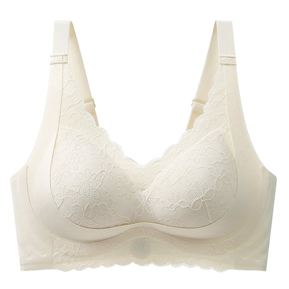 Alun Wireless Bras for Women Fixed Cup Supportive Floral Lace Trim V-Neck Bra Adjustable Straps Full Coverage Everyday Bralettes Suitable for Big White XXL