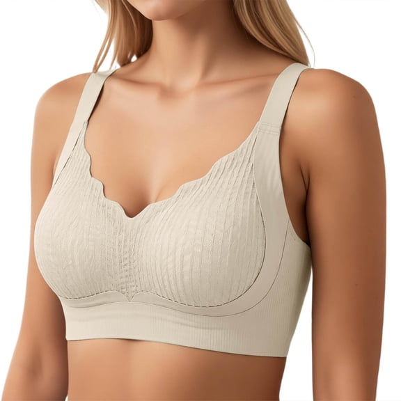 Alun Wireless Bras for Women No Underwire Full Coverage Adjustable Strap Comfort Ribbed Supportive Bra Massage Cups Push up Bralettes for Everyday Wear Beige L