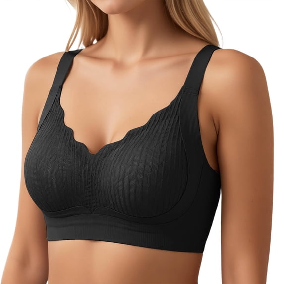 Alun Wireless Bras for Women No Underwire Full Coverage Adjustable Strap Comfort Ribbed Supportive Bra Massage Cups Push up Bralettes for Everyday Wear Black L