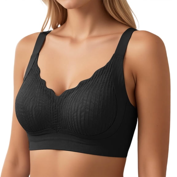 Alun Wireless Bras for Women No Underwire Full Coverage Adjustable Strap Comfort Ribbed Supportive Bra Massage Cups Push up Bralettes for Everyday Wear Black L