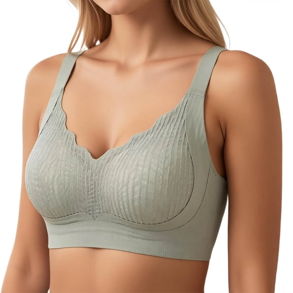 Alun Wireless Bras for Women No Underwire Full Coverage Adjustable Strap Comfort Ribbed Supportive Bra Massage Cups Push up Bralettes for Everyday Wear Green L