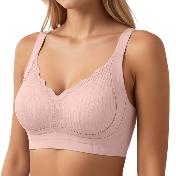 Alun Wireless Bras for Women No Underwire Full Coverage Adjustable Strap Comfort Ribbed Supportive Bra Massage Cups Push up Bralettes for Everyday Wear Pink M