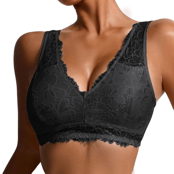 Alun Women's Elegant Lace Deep V-Neck Curvy Racerback Bras Lightweight Breathable No Underwire Bralette Light Support Full Coverage Daily Wear Bra Black S