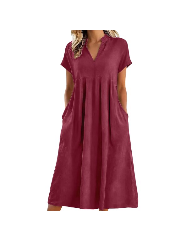 Women's Elegant Pleated Midi Dress 2026 Spring Summer V-Neck Short Sleeve Flowy Casual Dresses with Pockets Loose Comfy Knee Length Beach Vacation Outfits S