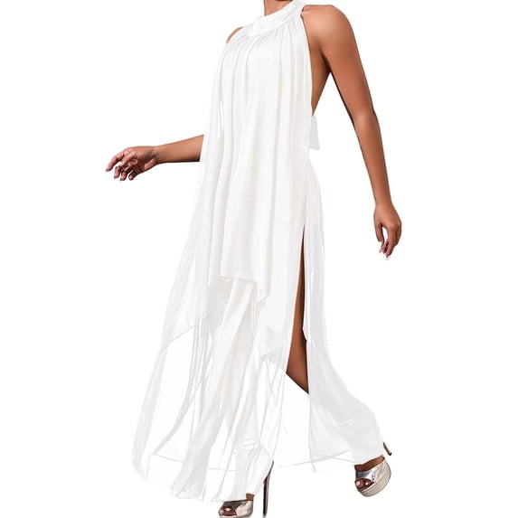 Alun Women's Formal Wedding Guest Dress Halter Sleeveless Flowy Chiffon Asymmetrical Split Long Summer Dresses Solid Color Loose Lightweight Comfy Maxi Sundress 2026 White S