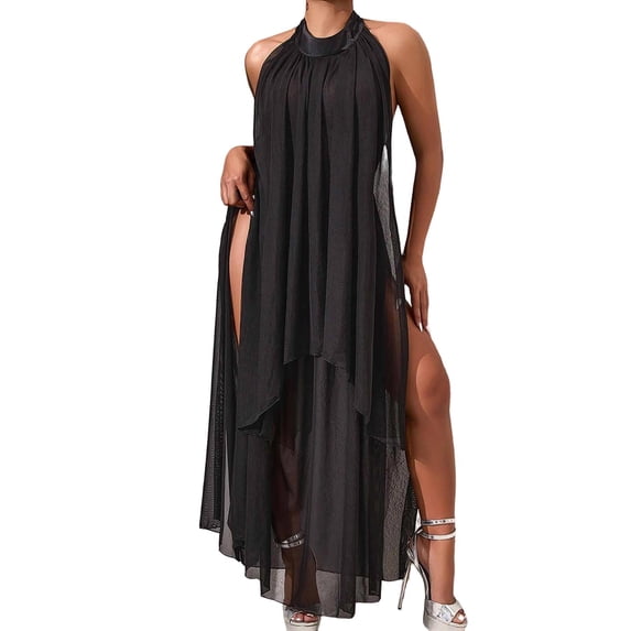 Alun Women's Formal Wedding Guest Dress Halter Sleeveless Flowy Chiffon Asymmetrical Split Long Summer Dresses Solid Color Loose Lightweight Comfy Maxi Sundress 2026 Black M