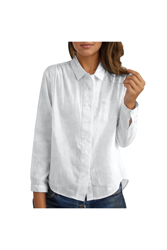 Women's Loose Fit Long Sleeve Shirts Double Button down Blouse Tops with Design in Lightweight Breathable Linen Blend Fabric for Spring and Summer Seasons White XXL