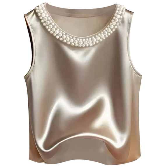 Alun Women's Pearl Beaded Crew Neck Sleeveless Tank Tops Elegant Solid Color Soft Comfortable Going out Tops 2026 Summer Loose Casual Stylish Wear Beige S