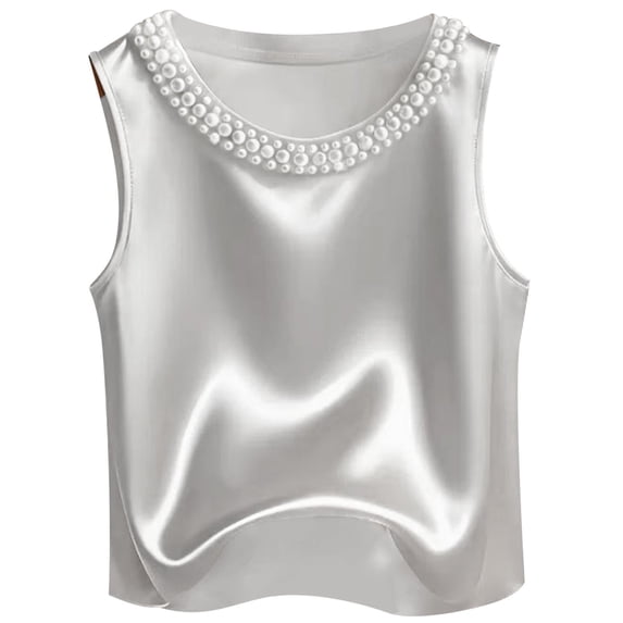 Alun Women's Pearl Beaded Crew Neck Sleeveless Tank Tops Elegant Solid Color Soft Comfortable Going out Tops 2026 Summer Loose Casual Stylish Wear White XL