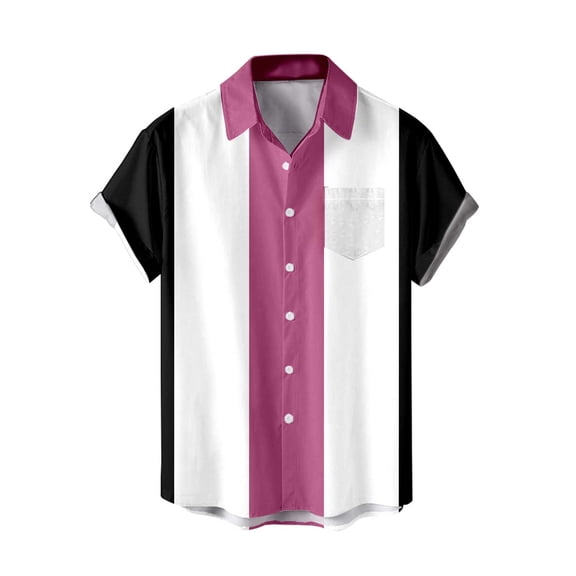 Alun Women's Retro Bowling Shirts 50s Vintage Short Sleeve Button down Color Block Active Blouses Trendy Striped Printed Collared Loose Comfortable Workout Top 3—Purple L