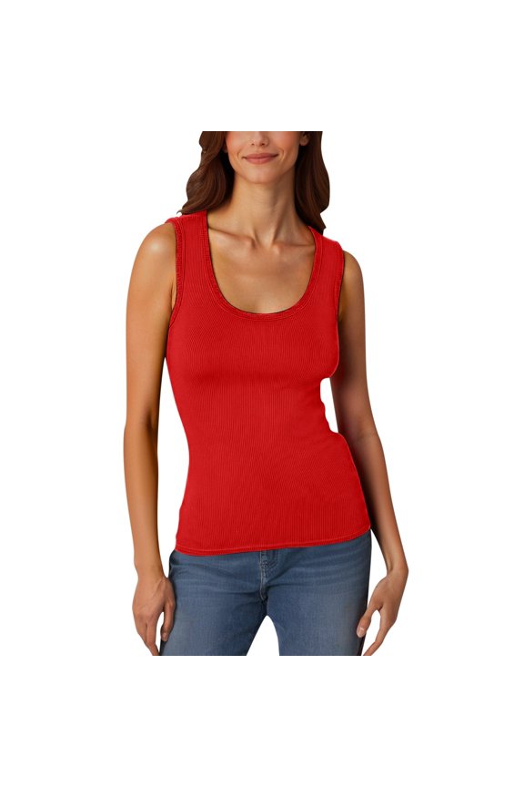 Women's Ribbed Sleeveless Tank Tops Low Round Neck Elastic Basic Casual Tee Form Fitting Camisole Summer Workout Sports and Fitness Solid Color Tight Top Red XL