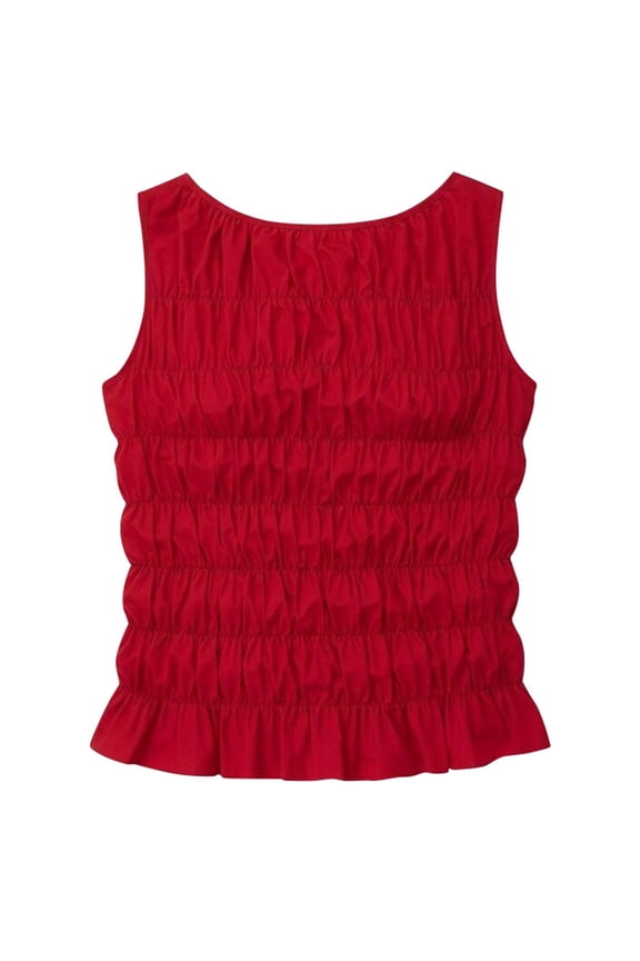 Women's Sleeveless Frill Smocked Ruffle Crop Tank Tops Spring and Summer Crewneck Shirred Tank Top Stretch Fit Cute Camisole Red XL