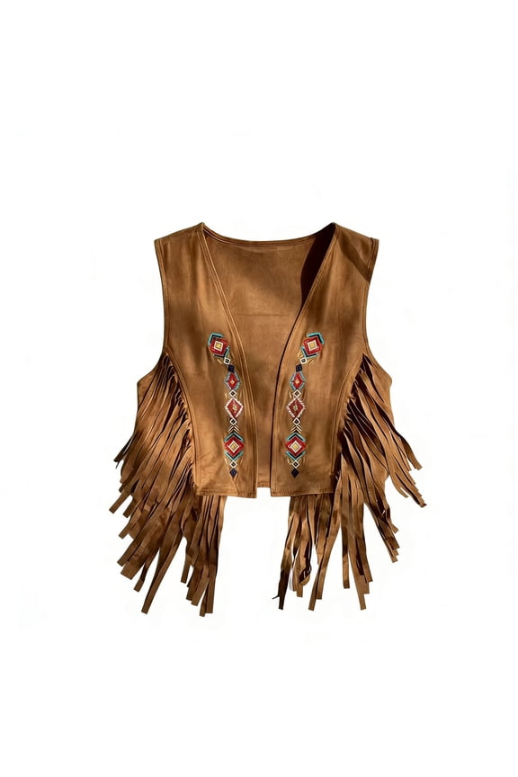 Womens Floral Embroidered Vest Vintage Fringes Boho Waistcoat Fashion Cowgirl Y2K Open Front Sleeveless Tank Tops Outerwear Brown S
