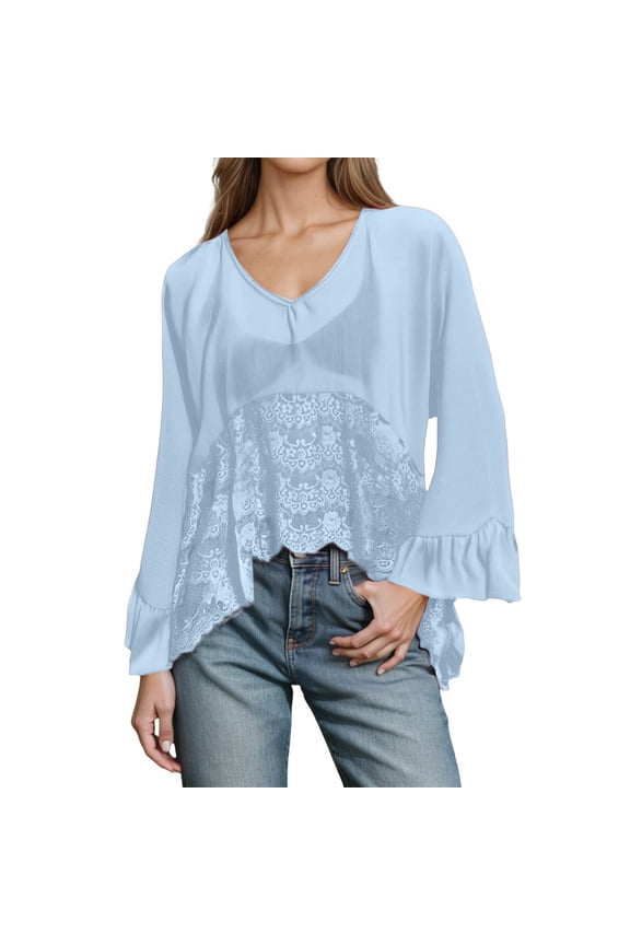 Womens Long Sleeve See Through Tops Loose Fit Solid Color Ruffle Flowy Chiffon Shirts Lightweight Lace Design Boho Summer Trendy Beach Blouse Blue XL