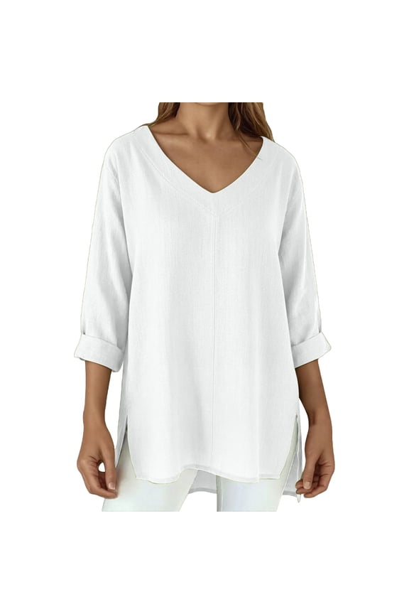 Womens Oversized Linen Shirts Summer Long Sleeve V-Neck Side Slits Tunic Tops Casual Loose Comfortable Lightweight Beach Blouse Simple Solid Color Loungewear White XXL