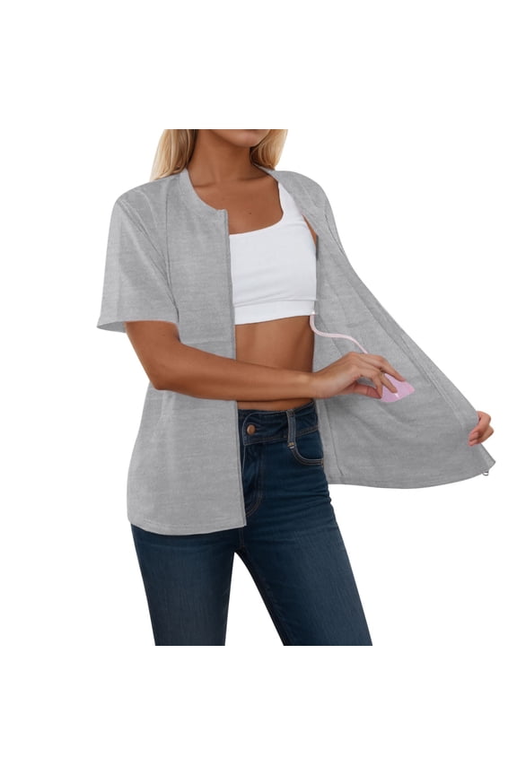 Womens Post Mastectomy Full Zipper Tops with Drain Pockets Surgery Recovery Must Haves Clothing Crewneck Short Sleeve Lightweight Soft Comfy Pure Casual Blouse Shirts Light Gray XL