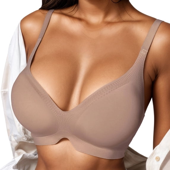 Alun Womens Seamless Smooth No Underwire T Shirt Bras with Light Push up and Side Support for Daily Wear Deep V-Neck Lightweight Breathable Solid Color Bralettes Brown XXL