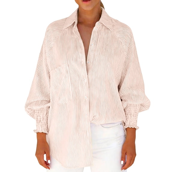 Alun Womens Smocked Striped Boyfriend Shirts Casual Collar Long Sleeve Oversized Button down Blouse Tops with Pocket Shirred 2026 Spring Summer Leisure Outfits Beige XL