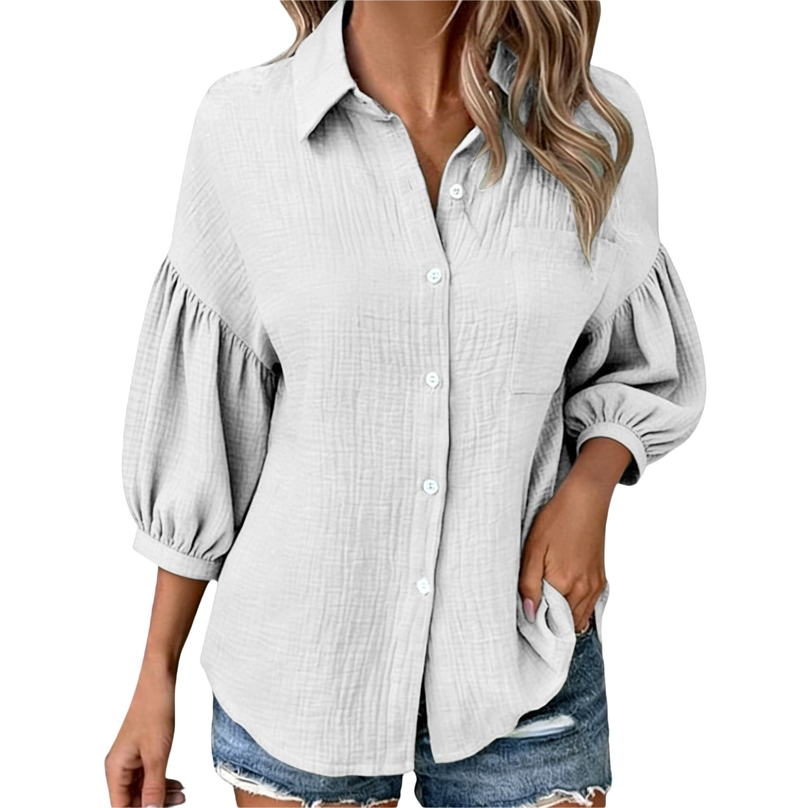 Alun Womens Spring Summer Tops Casual Collar 3/4 Sleeve Button down ...