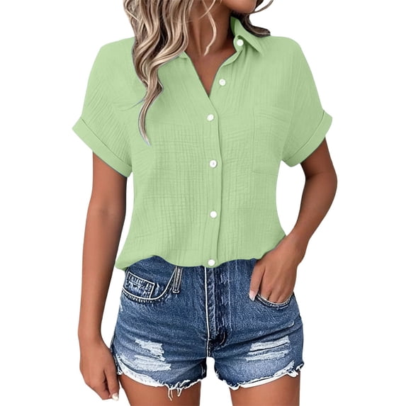 Alun Womens Texture Lightweight Breathable Tops Button down Dress Shirts Casual Short Sleeve Collared Summer Work Blouse with Pocket Soft Comfort for Daily Wear 1-Light Green XXL