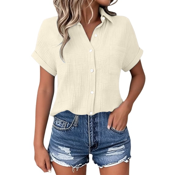 Alun Womens Texture Lightweight Breathable Tops Button down Dress Shirts Casual Short Sleeve Collared Summer Work Blouse with Pocket Soft Comfort for Daily Wear 1-Beige S
