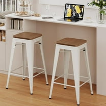 Alunaune 24" Metal Bar Stools Set of 2 Industrial Backless Counter Height Barstools Kitchen Patio Stool Stackable with Wooden Seat-White