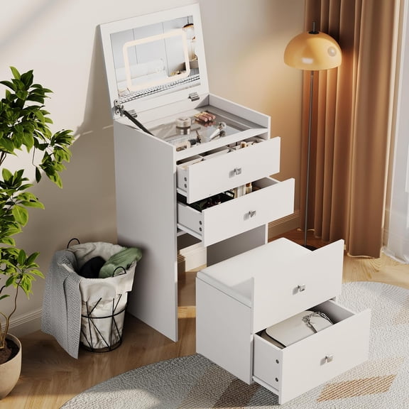 Alunaune 3 in 1 Small Makeup Vanity Desk with Drawers and Cushioned Stool, Compact Vanity with Flip-up LED Lighted Mirror, Vanities Nightstand for Girls Women Bedroom-White