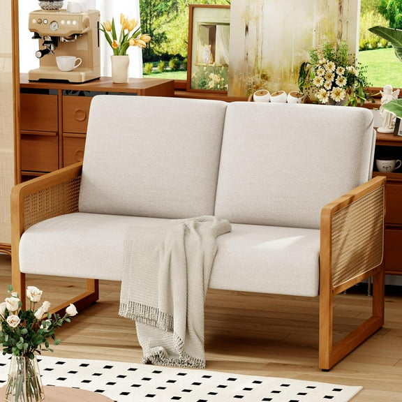 Alunaune Modern Loveseat  Couch with Natural Rattan Arm, Upholstered Linen Small Love Seat Sofa 2-Seats Living Room Couch Settee,  Lounge Recliner Chair-Ivory