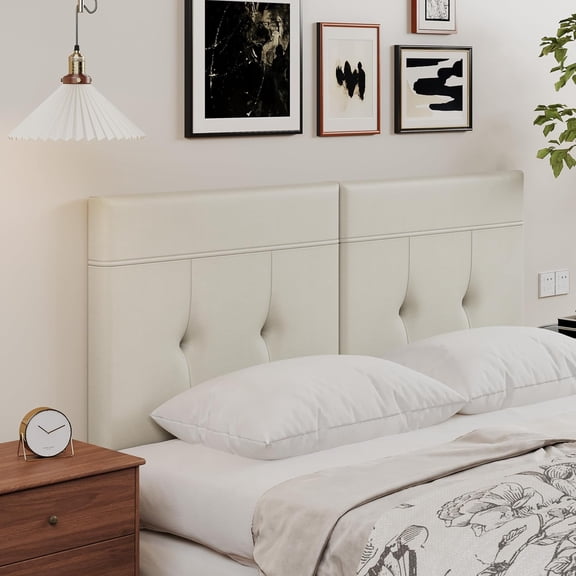 Alunaune Queen Size Faux Leather Headboard Foldable Panels Backboard, Upholstered California King Head Board for Bedroom Adjustable Height from 42" to 56"-Beige