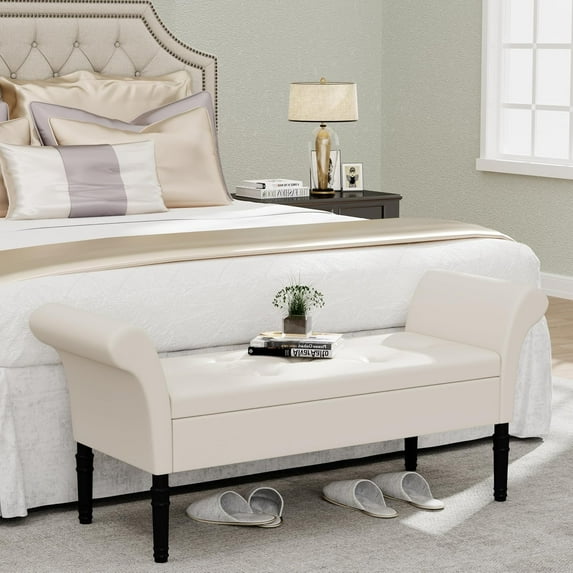 Alunaune Upholstered Storage Bench for Bedroom End of Bed Bench Ottoman, Tufted Entryway Bench Settee, Faux Leather Footstool with Arms for Living Room-White