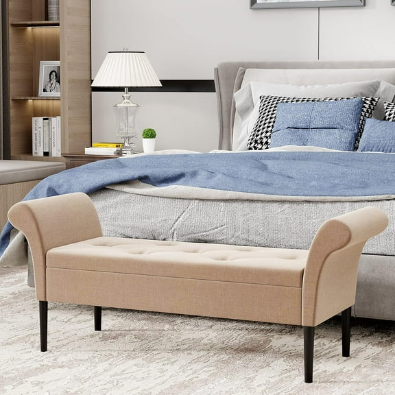 Alunaune Upholstered Storage Bench for Bedroom End of Bed Bench Ottoman, Tufted Entryway Bench Settee, Modern Fabric Footstool with Arms for Living Room-Tan