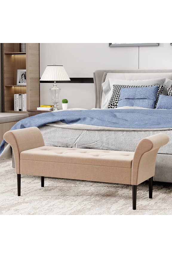 Alunaune Upholstered Storage Bench for Bedroom End of Bed Bench Ottoman, Tufted Entryway Bench Settee, Modern Fabric Footstool with Arms for Living Room-Tan