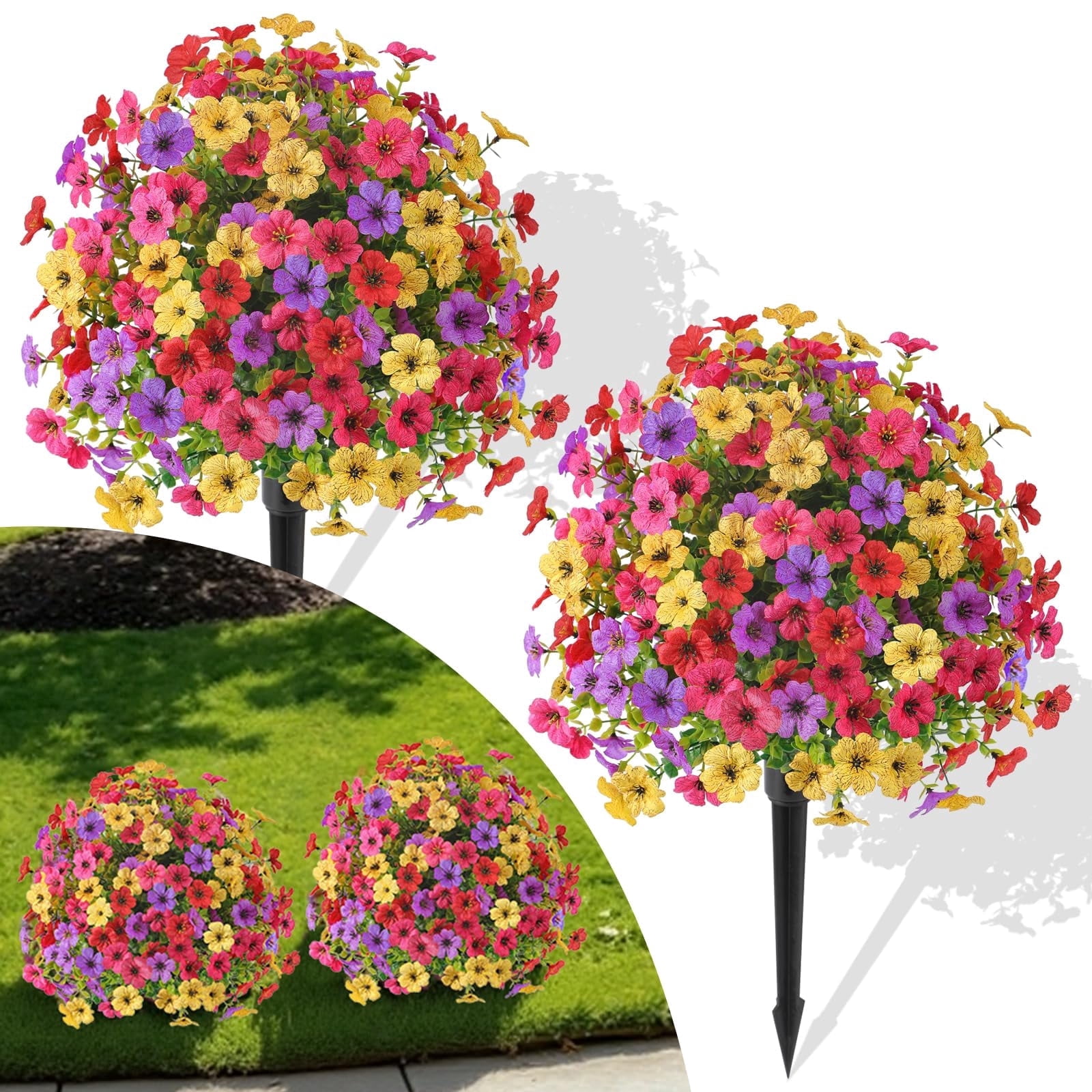 Alupssuc 2 Pcs 20" Artificial Topiary Ball Flowers For Outdoors Planters, Spring Decoration with Spike, UV Resistant Faux Summer Plants