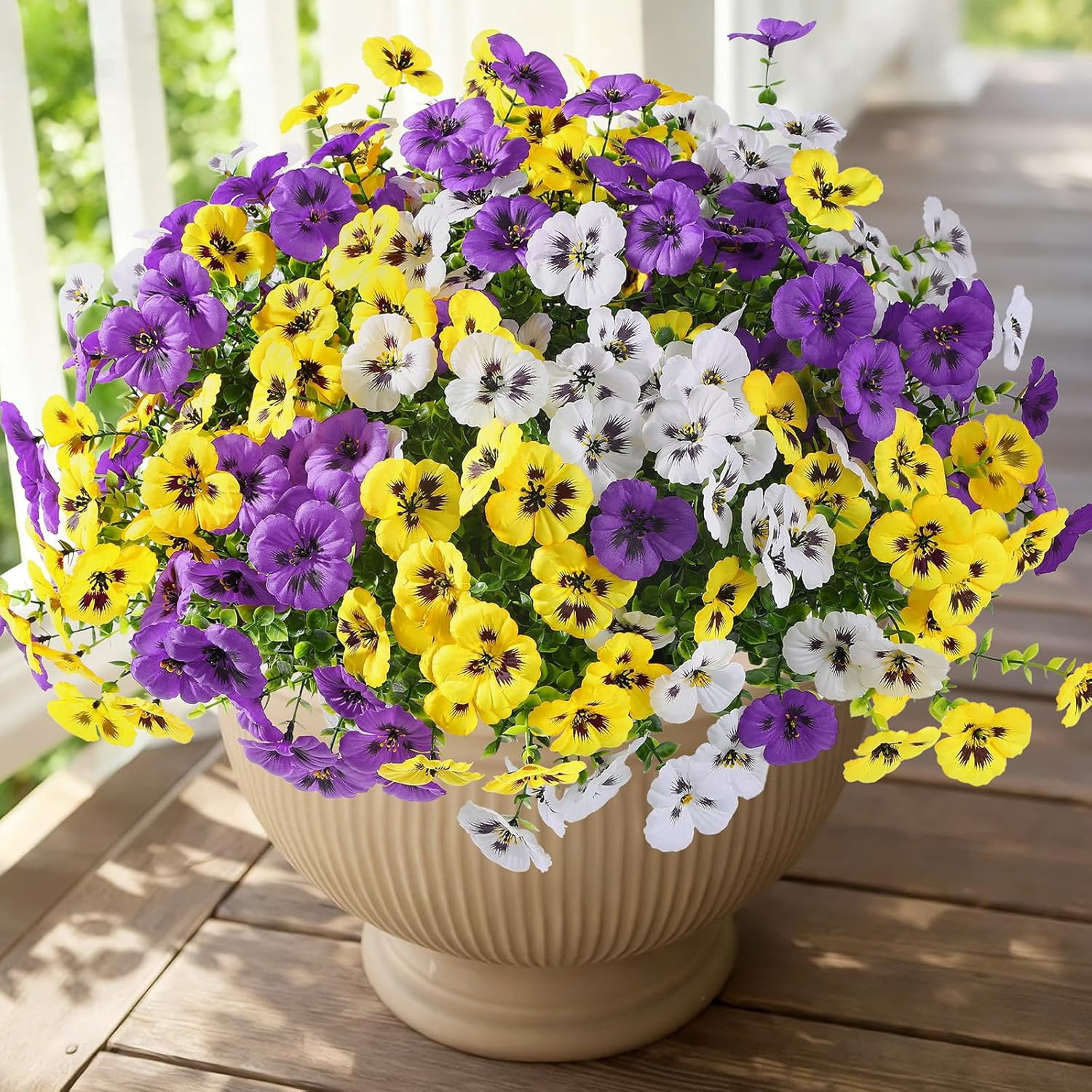 24 Bundles Artificial Flowers for Outdoors, Fake Spring Decoration, UV Resistant Realistic Pansies with Eucalyptus Silk Faux Porch Patio Yard, Purple Yellow White