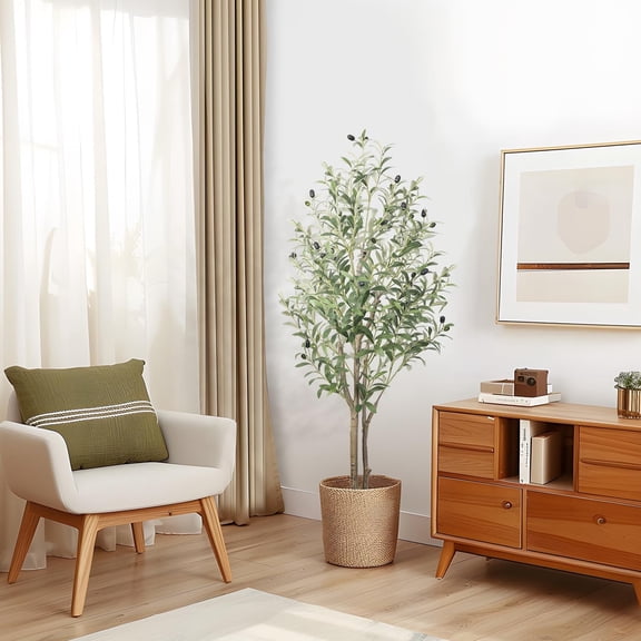 4FT Artificial Olive Tree Indoor, Silk Fake Potted Tree with Natural Wood Trunk & Lifelike Fruits, Faux Plant for Modern Home Office Living Room Floor Decor