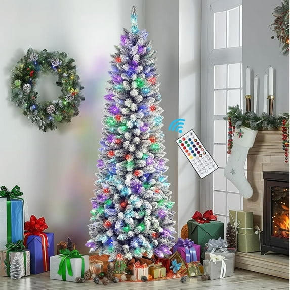 Alupssuc 9 ft Prelit Snow Flocked Artificial Hinged Slim Pencil Christmas Tree with Multicolor RGB Lights, Remote Control Included, Ideal for Holiday Decorations, Parties